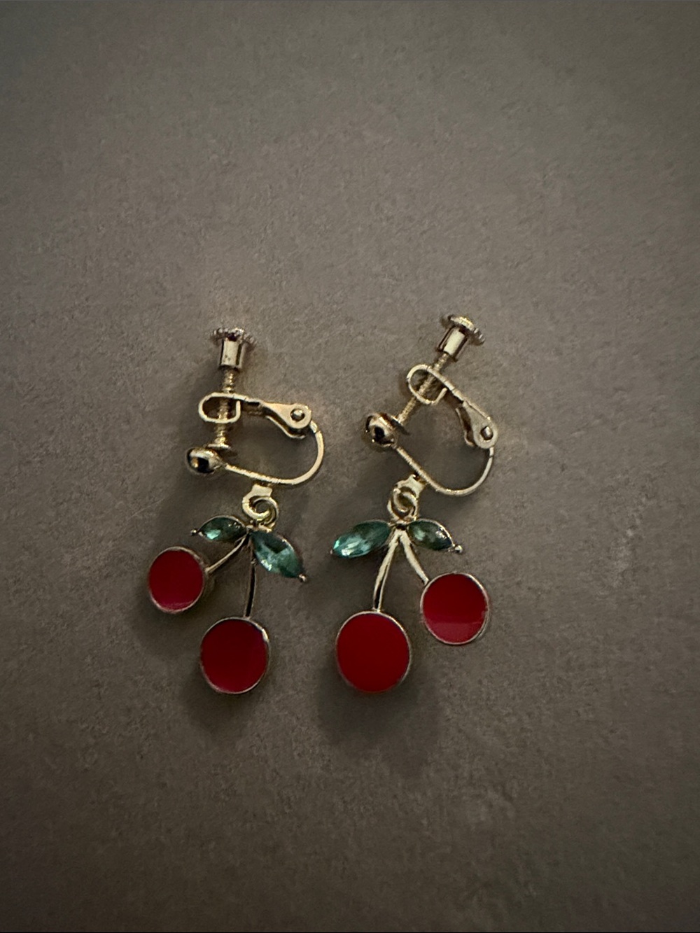 Gold Tone Cherry Drop Clip-On Earrings with Red and Green Accents